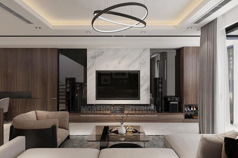 Trang trí phòng khách hiện đại đẹp ấn tượng với đá nhân tạo cao cấp điểm nhấn thiết kế biệt thự