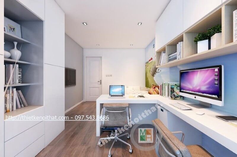 Khu vực làm việc được bố trí một cách hợp lí, khoa học giúp tận dụng được mọi góc khuất của căn hộ, tạo cảm giác rộng và thoáng hơn